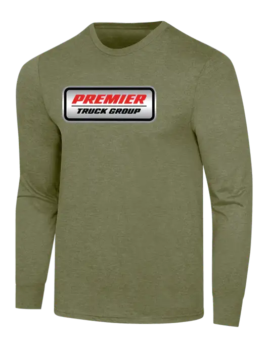 Simply Soft Long Sleeve Military Green Frost 4.5 oz, Poly/Combed Ring Spun Cotton T-Shirt w/Premier Truck Group Logo