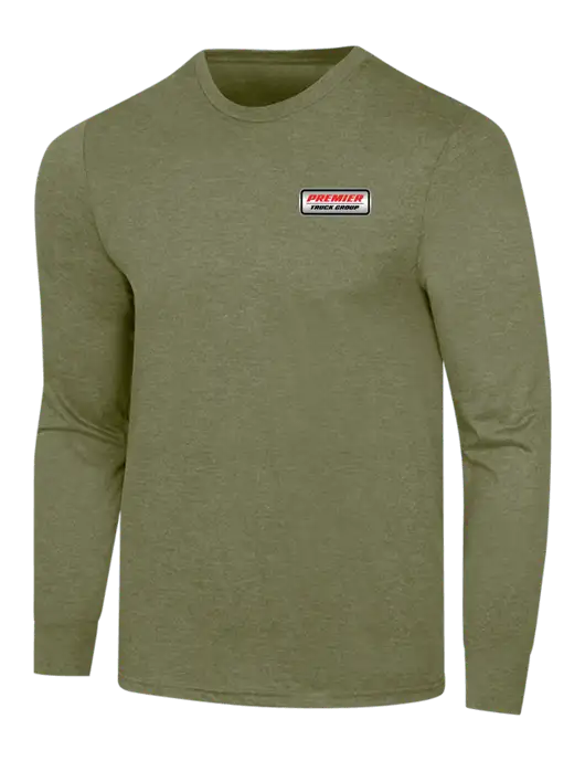Simply Soft Long Sleeve Military Green Frost 4.5 oz, Poly/Combed Ring Spun Cotton T-Shirt w/Premier Truck Group Logo