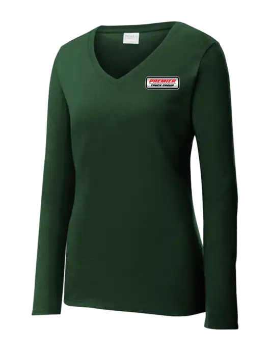 Womens  V-Neck Ring Spun Forest Green 4.5 oz Long Sleeve T-Shirt w/Premier Truck Group Logo
