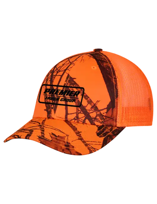 Blaze/Neon Orange Mossy Oak Camo Mesh Trucker Cap Snap Back w/Premier Truck Group Logo