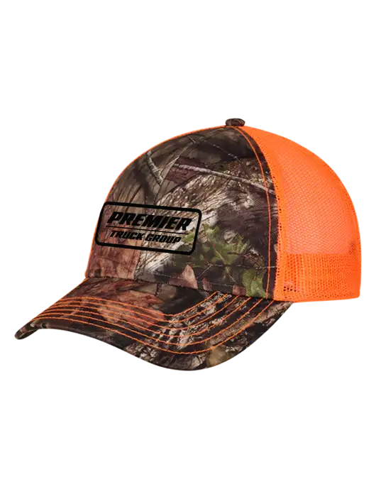 Country Orange Mossy Oak Camo Mesh Trucker Cap Snap Back w/Premier Truck Group Logo