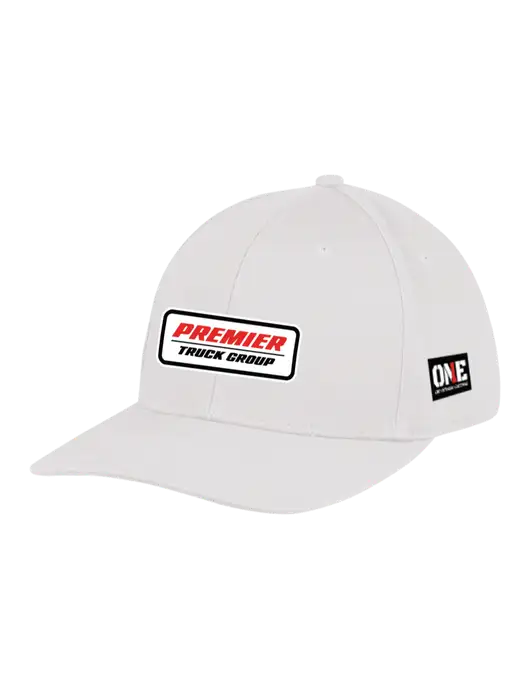 Premium Modern Structured Twill White Snapback Cap w/Premier Truck Group Logo, ONE Logo