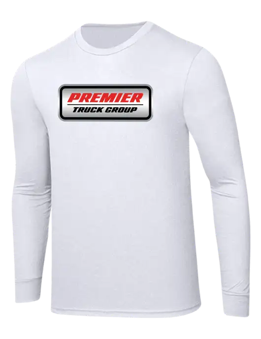Simply Soft Long Sleeve White 4.5 oz, Poly/Combed Ring Spun Cotton T-Shirt w/Premier Truck Group Logo