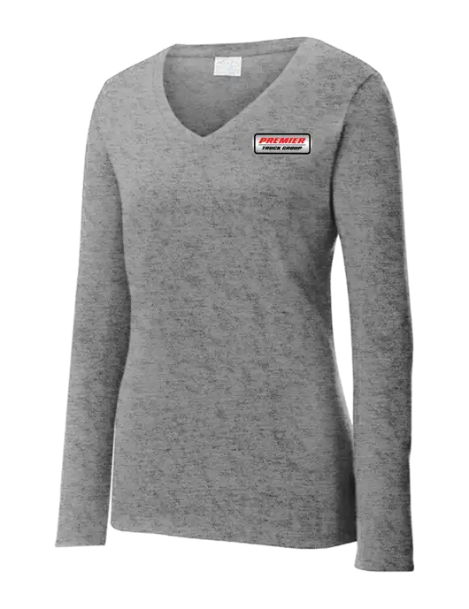 Womens  V-Neck Ring Spun Grey Heather 4.5 oz Long Sleeve T-Shirt w/Premier Truck Group Logo