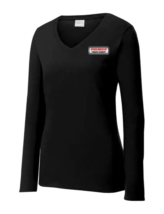Womens V-Neck Ring Spun Jet Black 4.5 oz Long Sleeve T-Shirt w/Premier Truck Group Logo