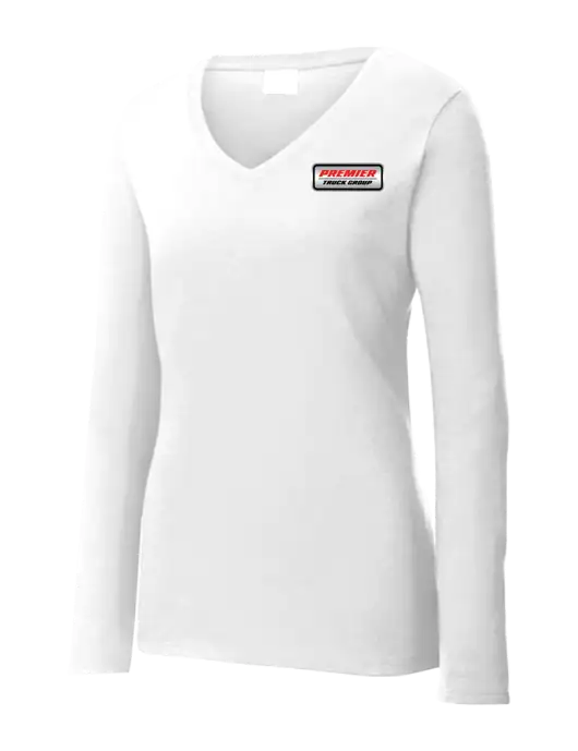 Womens  V-Neck Ring Spun White 4.5 oz Long Sleeve T-Shirt w/Premier Truck Group Logo