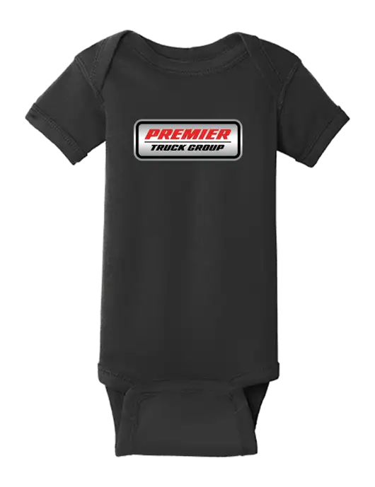 Rabbit Skins Black Infant Short Sleeve Baby Rib Bodysuit w/Premier Truck Group Logo