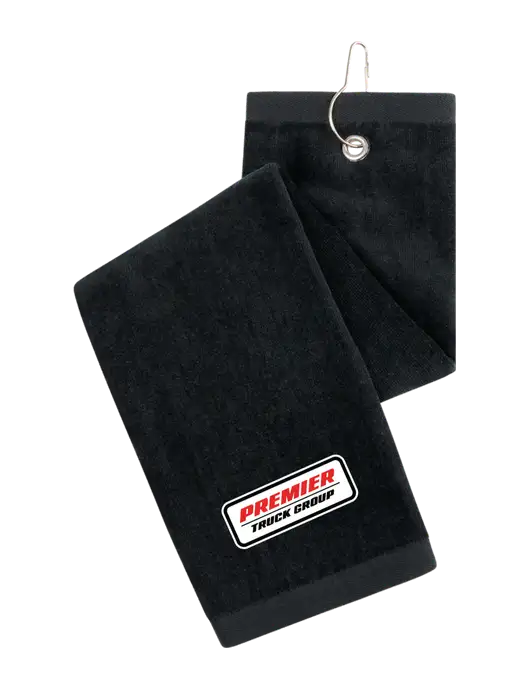 Black Tri-Fold Golf Towel with Grommet w/Premier Truck Group Logo