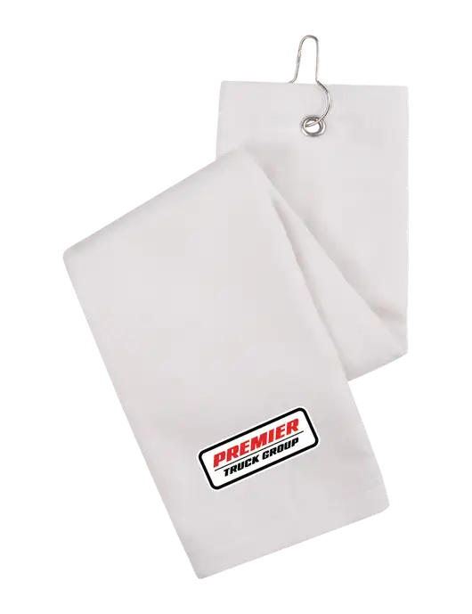 White Tri-Fold Golf Towel with Grommet w/Premier Truck Group Logo