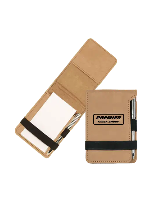 Tan Leatherette Mini Notepad with Pen,  3.25 x 4.75 w/Premier Truck Group Logo