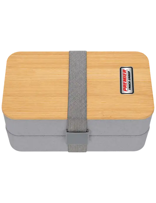 Double Decker Light Medium Grey Lunch Box w/Eco-Friendly FSC Bamboo Lid & Reusable Utensils w/Premier Truck Group Logo