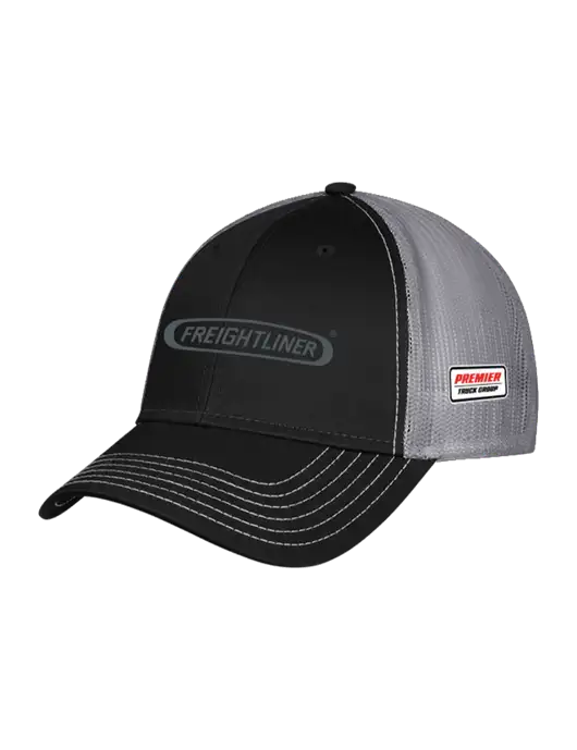 Black/Medium Dark Grey Mesh Trucker Cap Snap Back w/Freightliner Logo, Premier Truck Group Logo