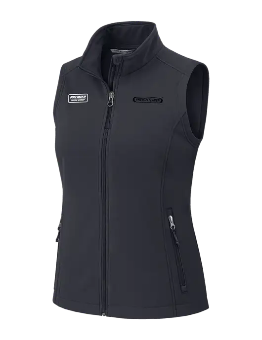 Charcoal Grey Womens Core Soft Shell Vest w/Freightliner Logo, Premier Truck Group Logo