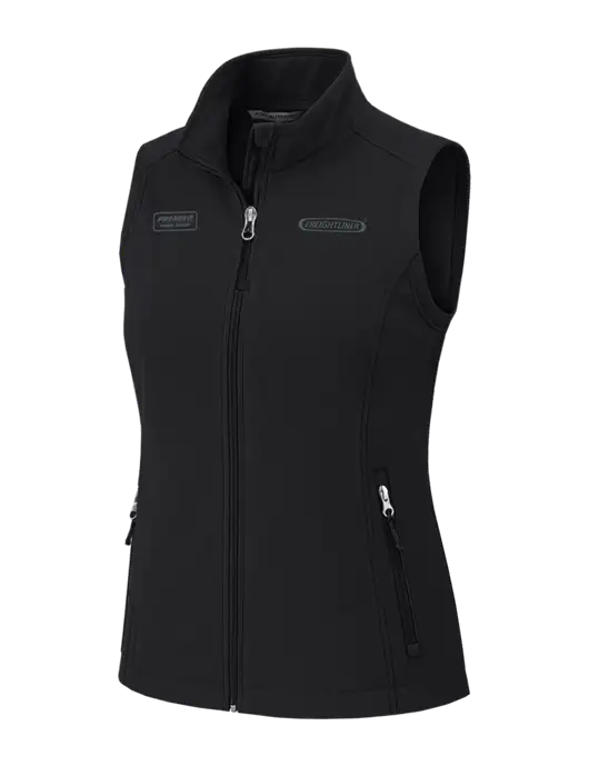 Black Womens Core Soft Shell Vest w/Freightliner Logo, Premier Truck Group Logo