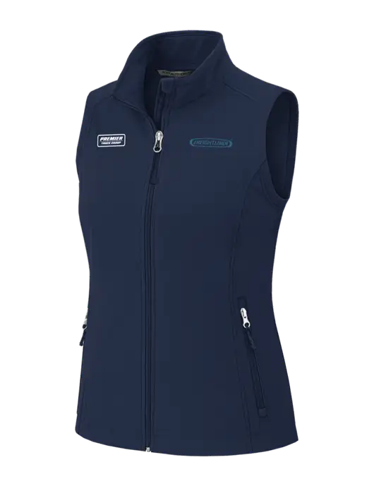 Navy Womens Core Soft Shell Vest w/Freightliner Logo, Premier Truck Group Logo