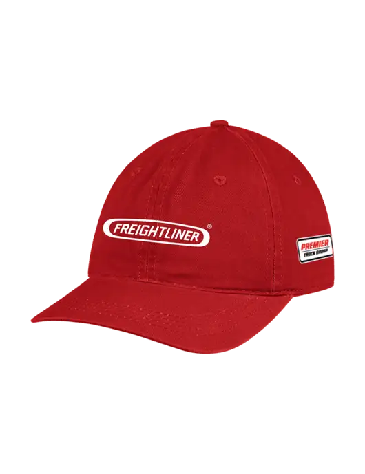 Garment Washed Unstructured Twill Red Cap w/Freightliner Logo, Premier Truck Group Logo