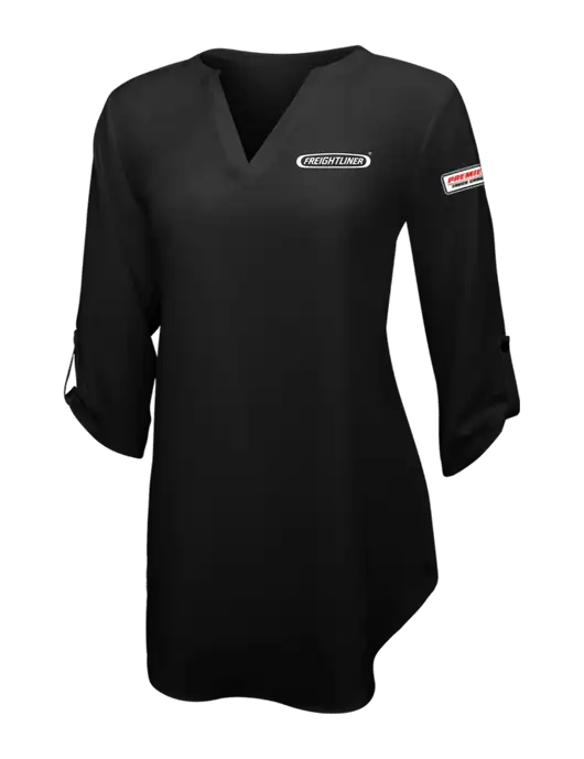 Womens Black 3/4 Sleeve Tunic Blouse w/Freightliner Logo, Premier Truck Group Logo