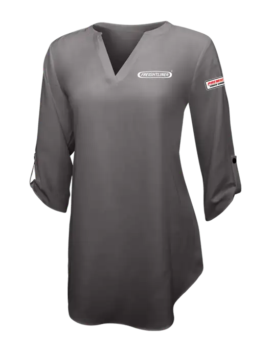 Dark Grey Womens 3/4 Sleeve Tunic Blouse w/Freightliner Logo, Premier Truck Group Logo