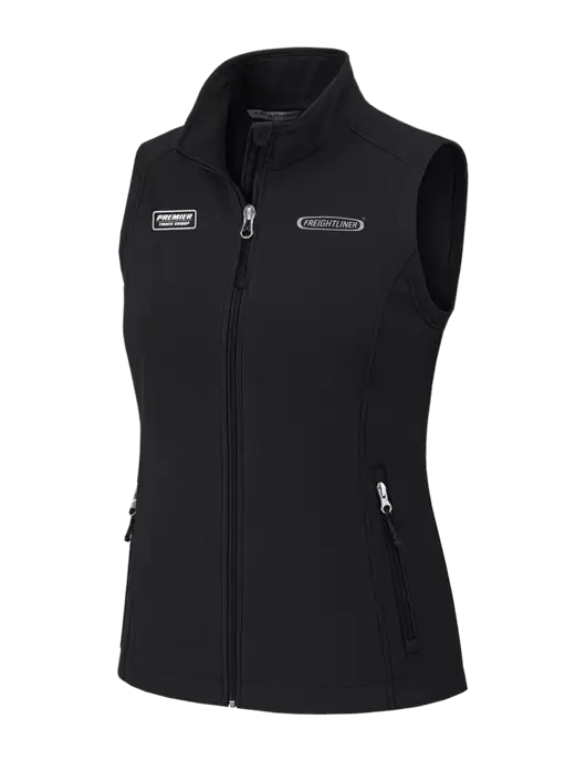 Black Womens Core Soft Shell Vest w/Freightliner Logo, Premier Truck Group Logo