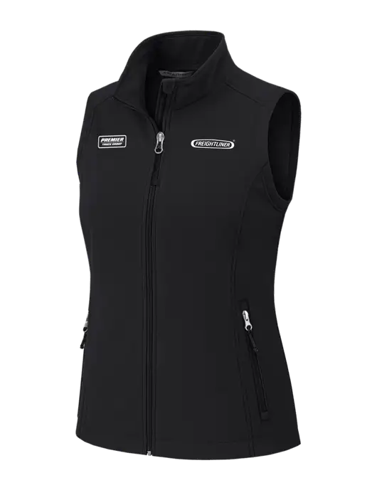 Black Womens Core Soft Shell Vest w/Freightliner Logo, Premier Truck Group Logo