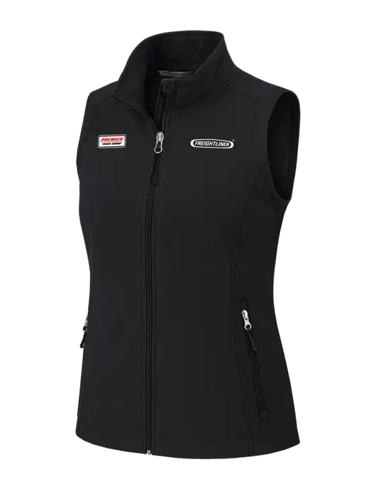 Black Womens Core Soft Shell Vest w/Freightliner Logo, Premier Truck Group Logo
