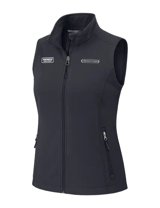 Charcoal Grey Womens Core Soft Shell Vest w/Freightliner Logo, Premier Truck Group Logo