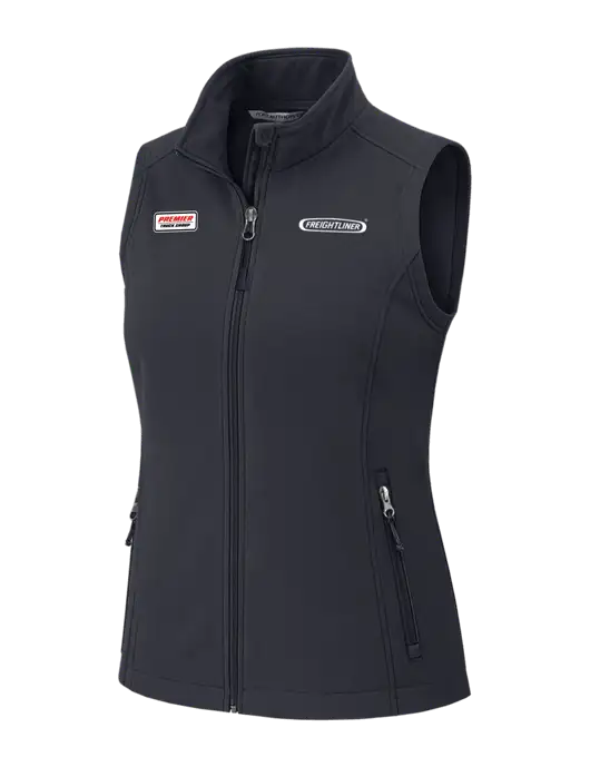 Charcoal Grey Womens Core Soft Shell Vest w/Freightliner Logo, Premier Truck Group Logo