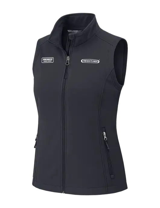 Charcoal Grey Womens Core Soft Shell Vest w/Freightliner Logo, Premier Truck Group Logo