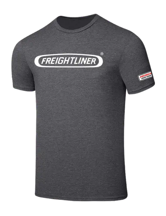 Seriously Soft Heathered Charcoal T-Shirt w/Freightliner Logo, Premier Truck Group Logo