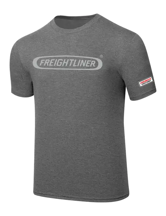 Simply Soft Heathered Medium Grey 4.5oz  Poly/Combed Ring Spun Cotton T-Shirt w/Freightliner Logo, Premier Truck Group Logo