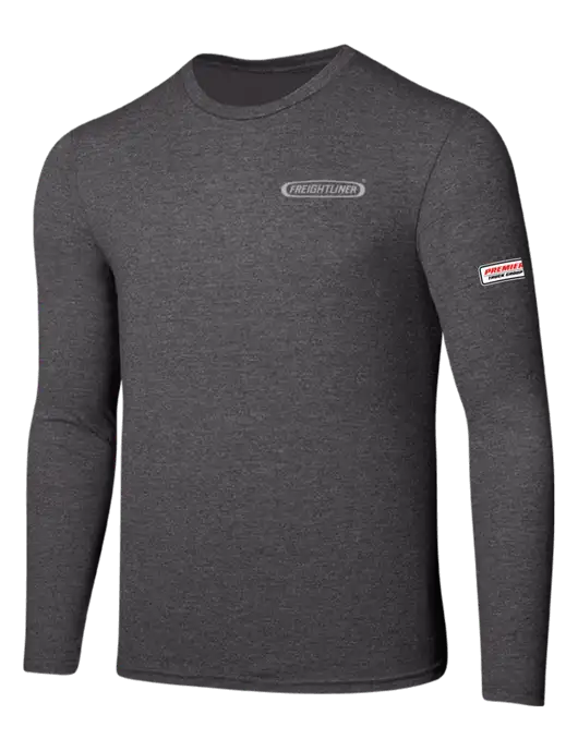 Seriously Soft Heathered Charcoal Long Sleeve T-Shirt w/Freightliner Logo, Premier Truck Group Logo