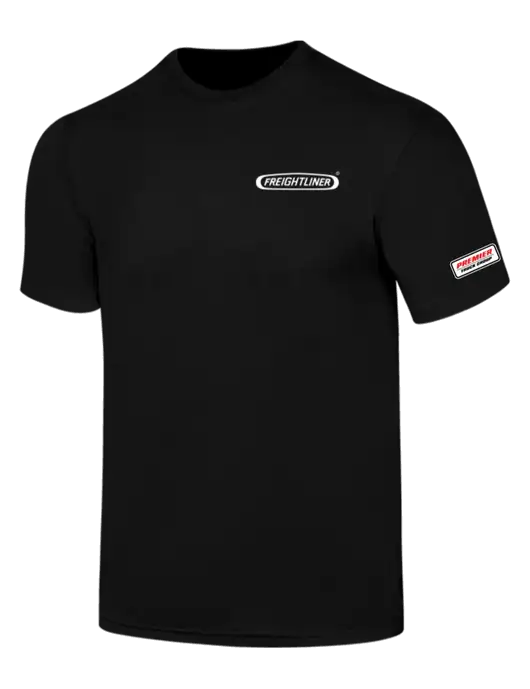 Simply Soft Black 4.5oz  Poly/Combed Ring Spun Cotton T-Shirt w/Freightliner Logo, Premier Truck Group Logo