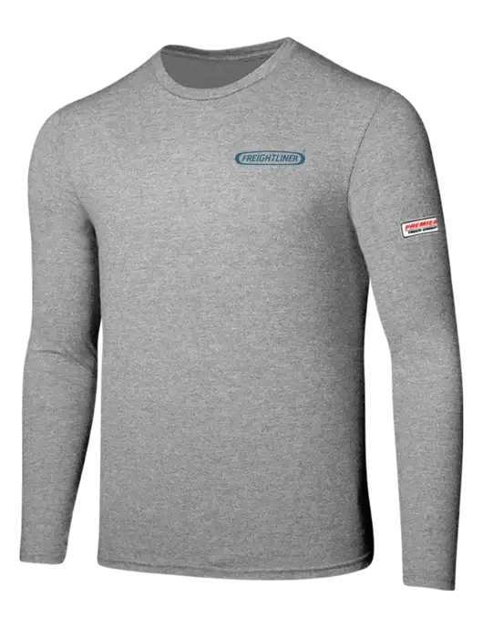 Seriously Soft Light Heathered Grey Long Sleeve T-Shirt w/Freightliner Logo, Premier Truck Group Logo