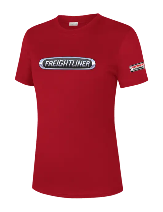  Womens Red PosiCharge Competitor Tee w/Freightliner Logo, Premier Truck Group Logo