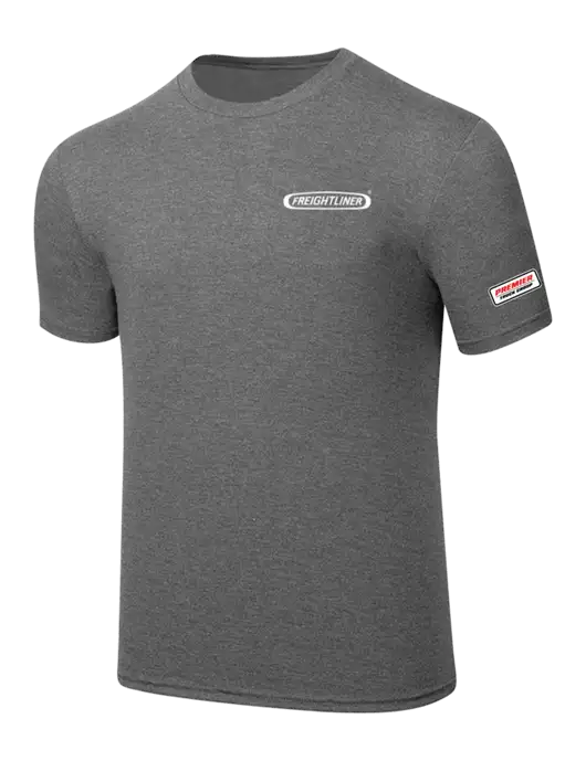 Simply Soft Heathered Medium Grey 4.5oz  Poly/Combed Ring Spun Cotton T-Shirt w/Freightliner Logo, Premier Truck Group Logo