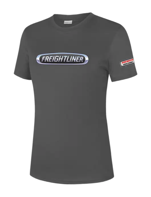  Womens Dark Grey PosiCharge Competitor Tee w/Freightliner Logo, Premier Truck Group Logo