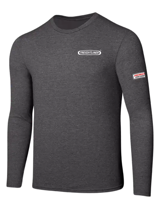 Seriously Soft Heathered Charcoal Long Sleeve T-Shirt w/Freightliner Logo, Premier Truck Group Logo