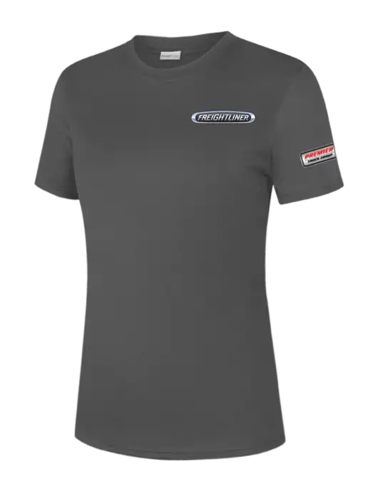  Womens Dark Grey PosiCharge Competitor Tee w/Freightliner Logo, Premier Truck Group Logo
