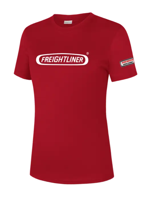  Womens Red PosiCharge Competitor Tee w/Freightliner Logo, Premier Truck Group Logo