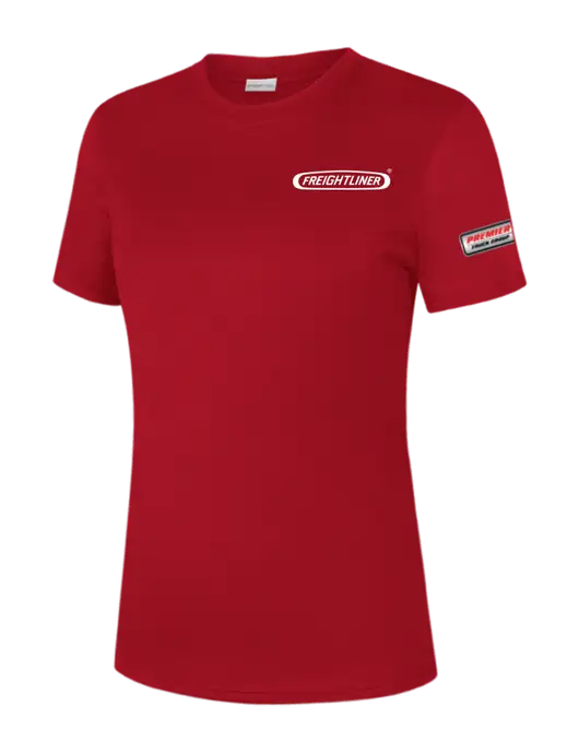  Womens Red PosiCharge Competitor Tee w/Freightliner Logo, Premier Truck Group Logo