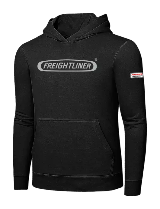 Jet Black 7.8 oz Ring Spun Hooded Sweatshirt w/Freightliner Logo, Premier Truck Group Logo