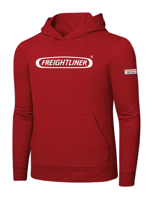 Bright Red 8.5 oz Ring Spun Hooded Sweatshirt w/Freightliner Logo, Premier Truck Group Logo