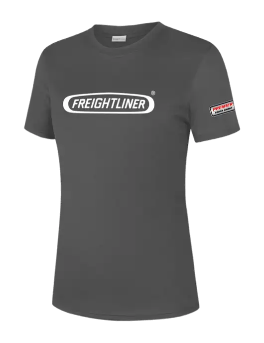  Womens Dark Grey PosiCharge Competitor Tee w/Freightliner Logo, Premier Truck Group Logo