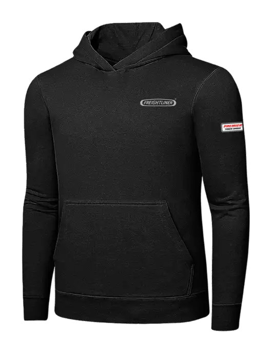 Jet Black 7.8 oz Ring Spun Hooded Sweatshirt w/Freightliner Logo, Premier Truck Group Logo