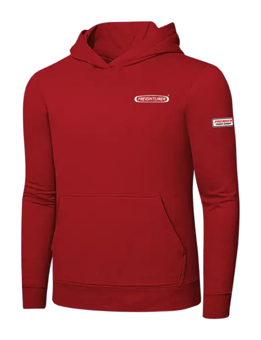 Bright Red 8.5 oz Ring Spun Hooded Sweatshirt w/Freightliner Logo, Premier Truck Group Logo