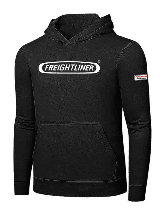 Jet Black 7.8 oz Ring Spun Hooded Sweatshirt w/Freightliner Logo, Premier Truck Group Logo