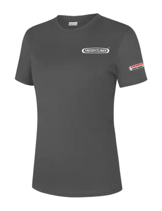  Womens Dark Grey PosiCharge Competitor Tee w/Freightliner Logo, Premier Truck Group Logo