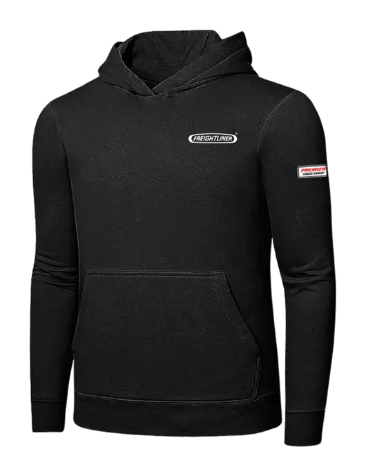 Jet Black 7.8 oz Ring Spun Hooded Sweatshirt w/Freightliner Logo, Premier Truck Group Logo