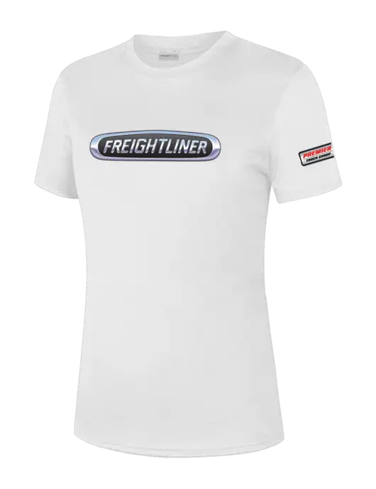  Womens White PosiCharge Competitor Tee w/Freightliner Logo, Premier Truck Group Logo