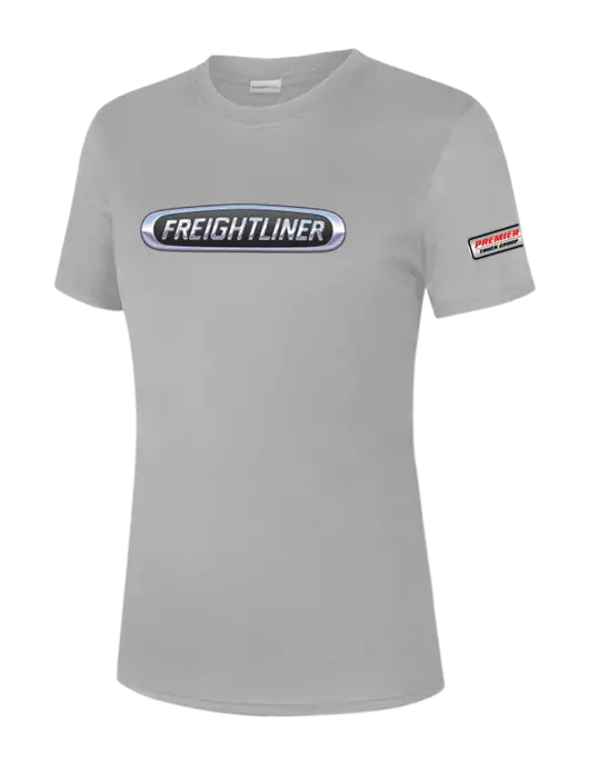  Womens Light Grey PosiCharge Competitor Tee w/Freightliner Logo, Premier Truck Group Logo